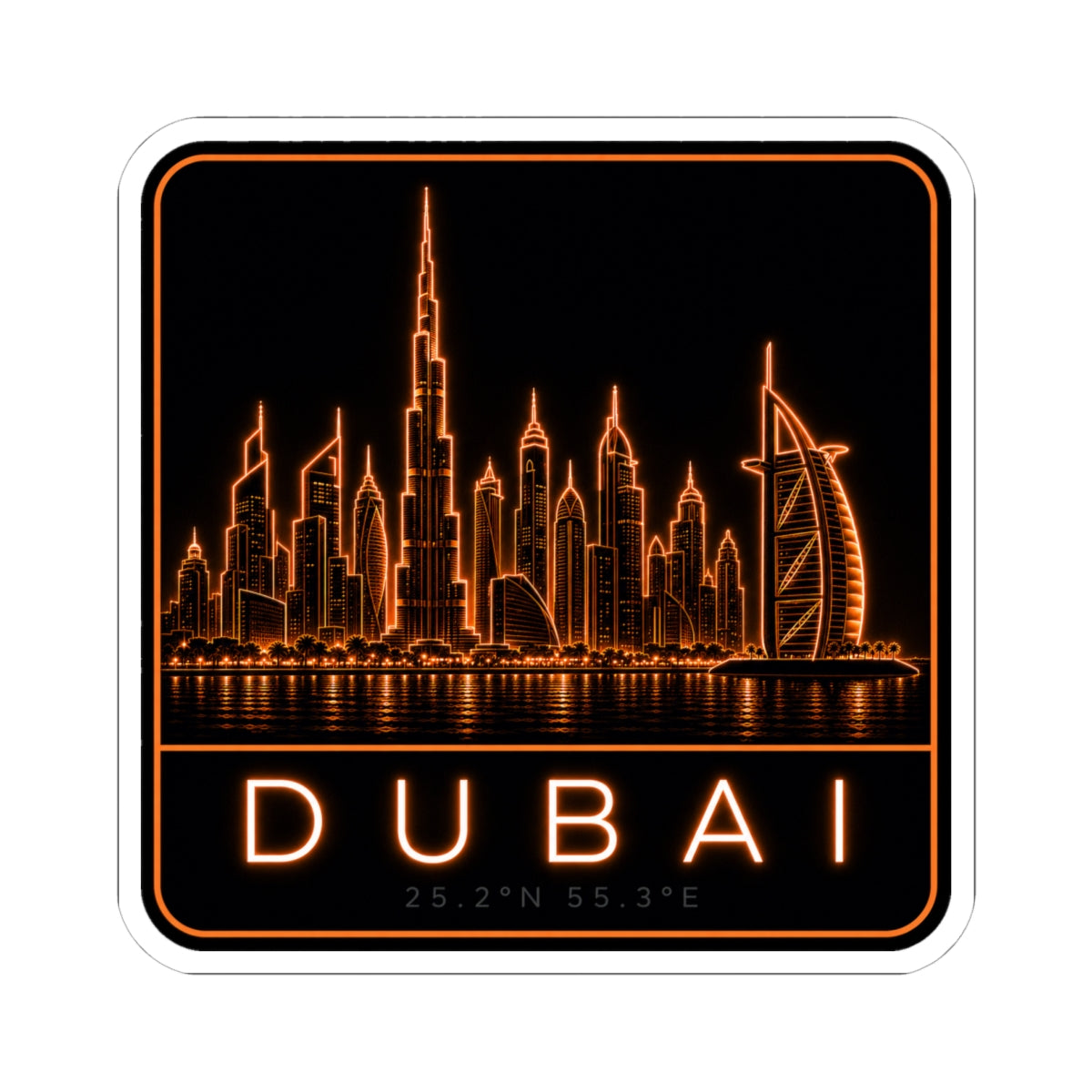 Neon Dubai skyline sticker, orange Burj Khalifa skyline and DUBAI wordmark on black