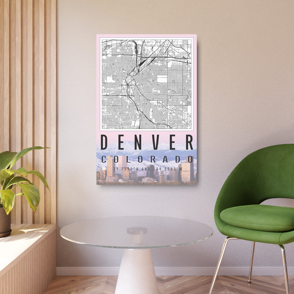 Denver Colorado metal wall art sign showing map lines, skyline band, and coordinate numbers
