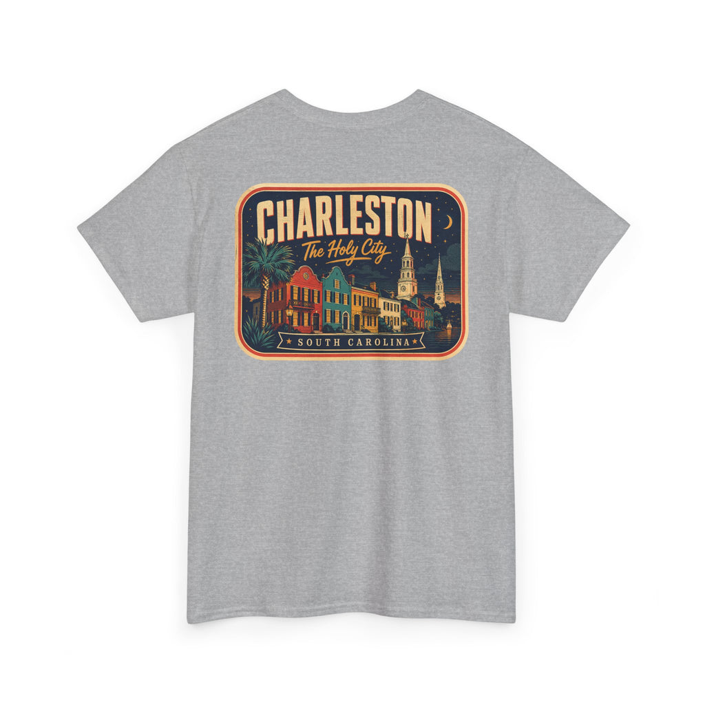 Heather gray T-shirt with round Charleston city badge graphic on chest