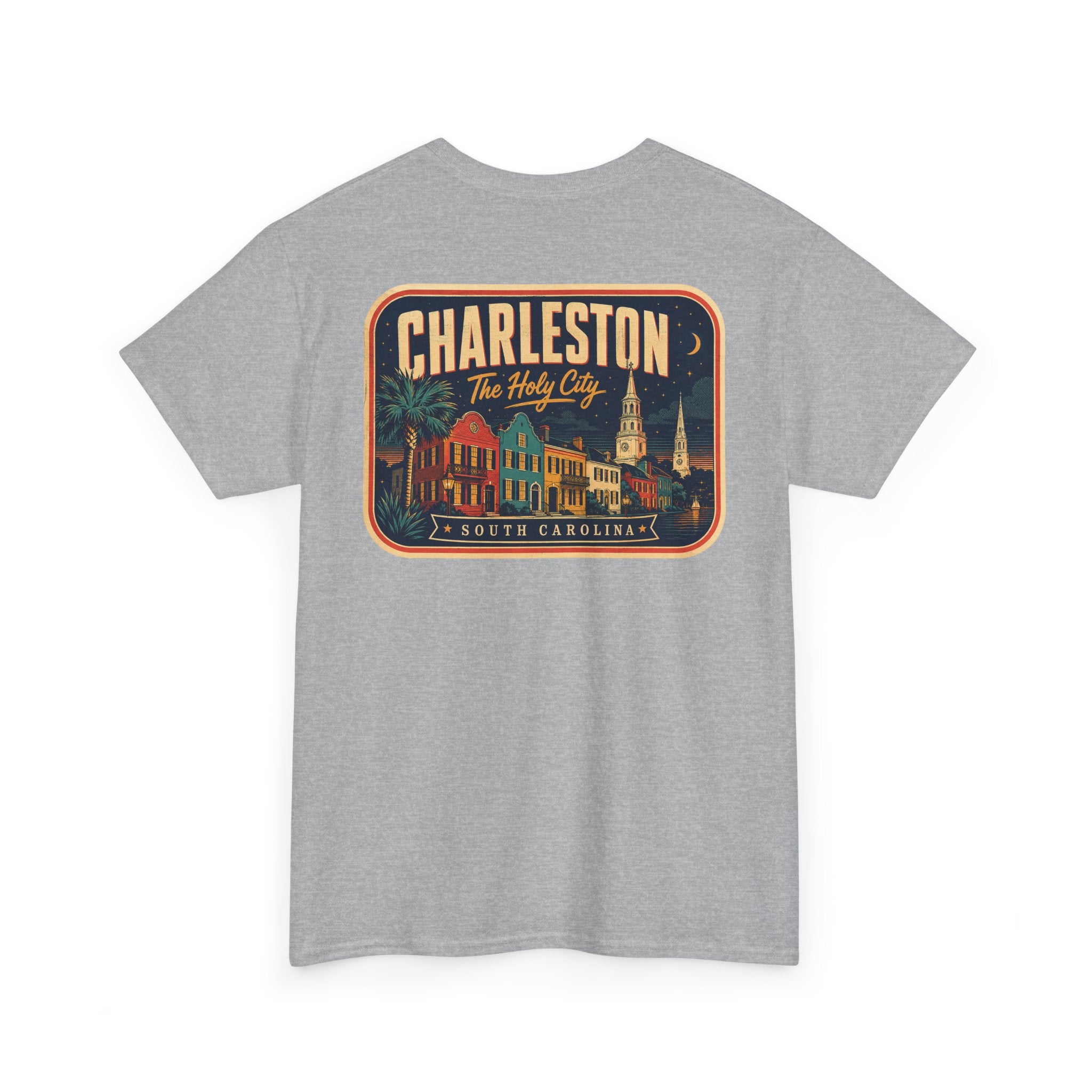 Heather gray T-shirt with round Charleston city badge graphic on chest
