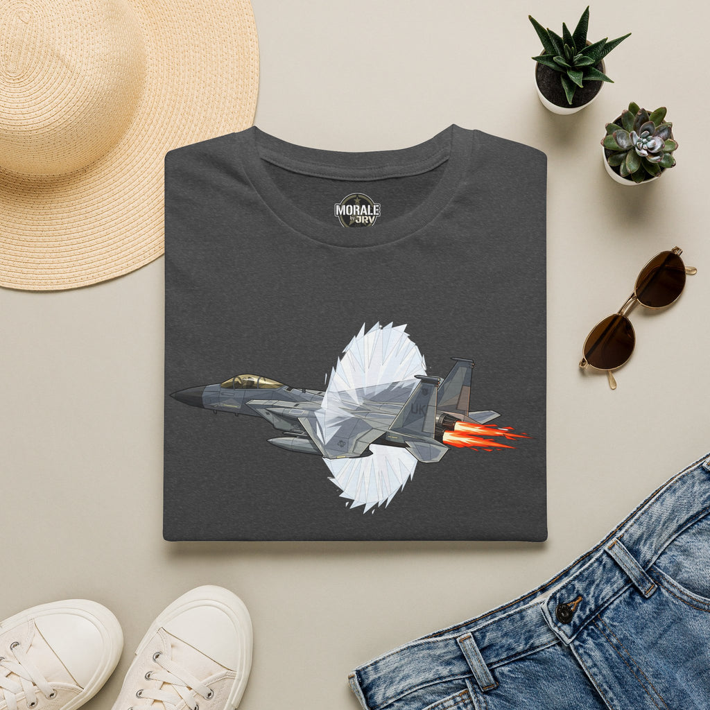 Dark gray t-shirt with fighter jet graphic and orange afterburner flame