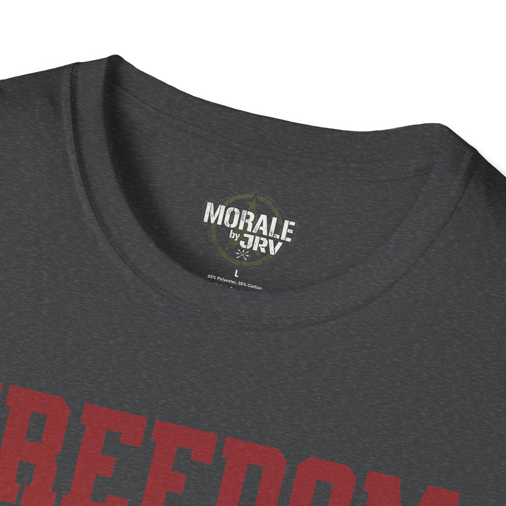Charcoal graphic T-shirt with Freedom USA lettering and flag-style eagle illustration