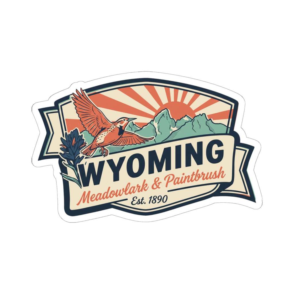 Wyoming Meadowlark & Paintbrush emblem sticker with retro rays and Est. 1890
