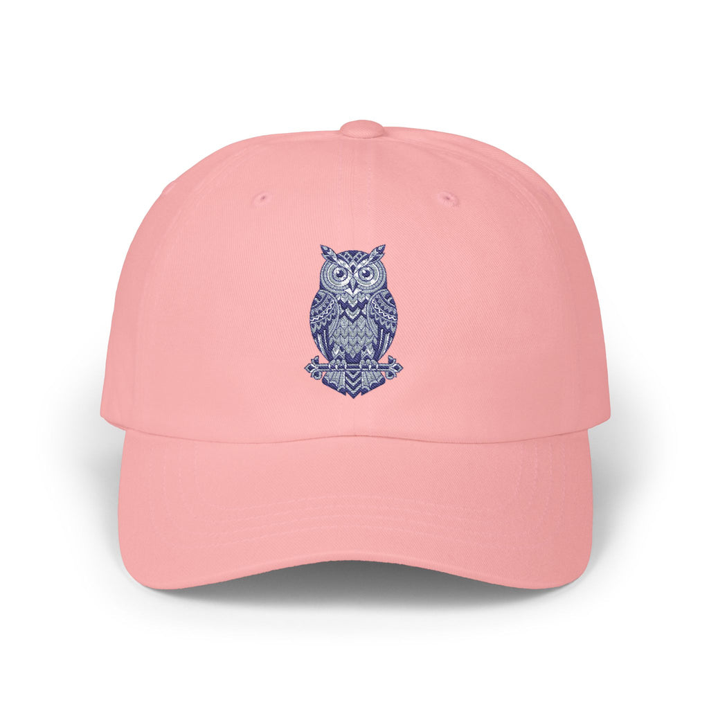 Pink owl-embroidered dad cap with curved brim and stitched crown vents