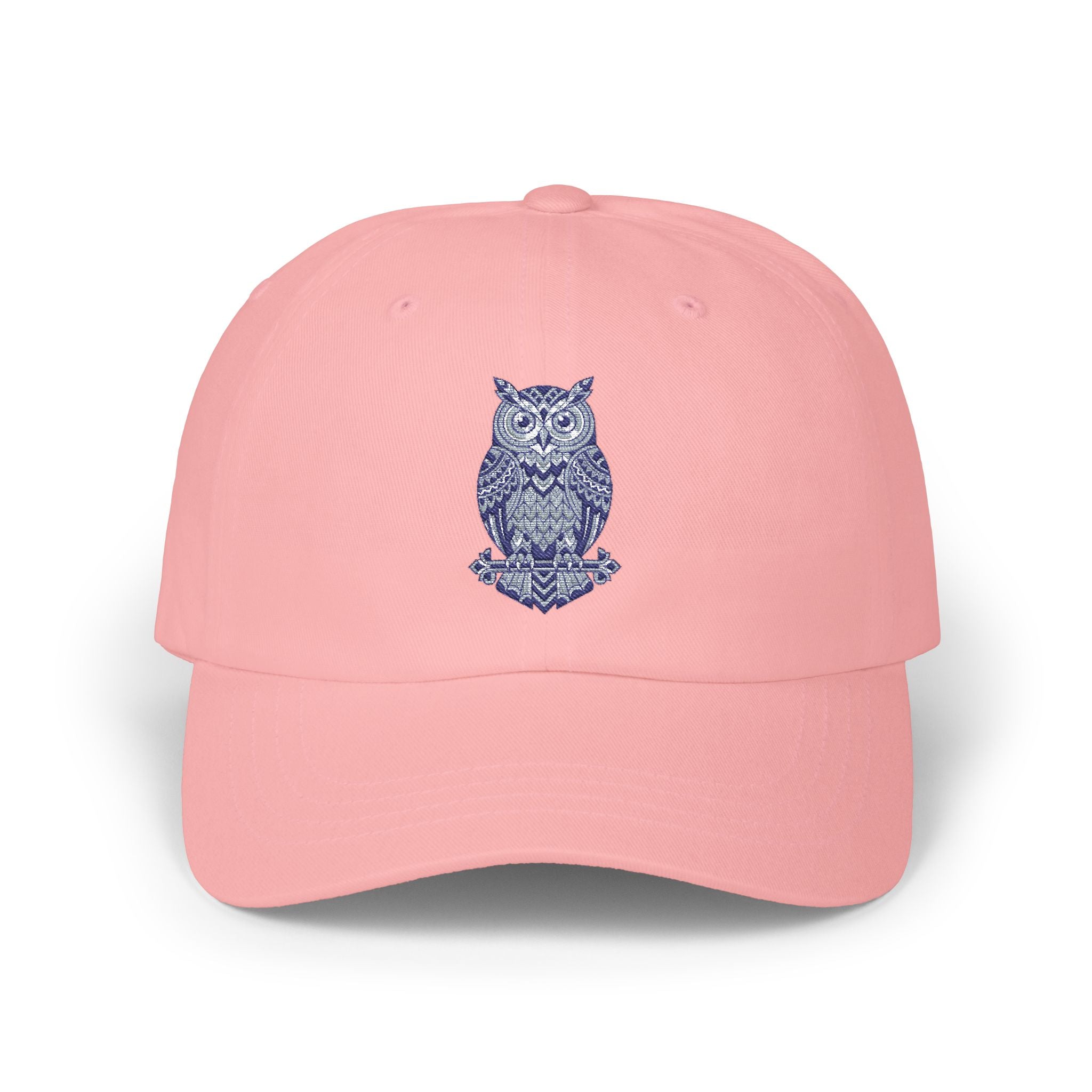 Pink owl-embroidered dad cap with curved brim and stitched crown vents