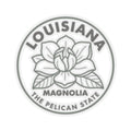 Transparent vinyl round sticker with gray magnolia flower and Louisiana state text border