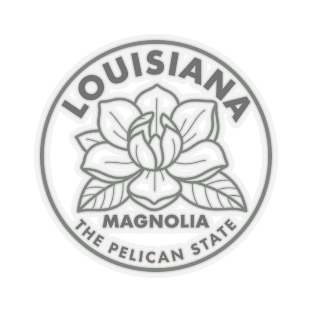 Transparent vinyl round sticker with gray magnolia flower and Louisiana state text border