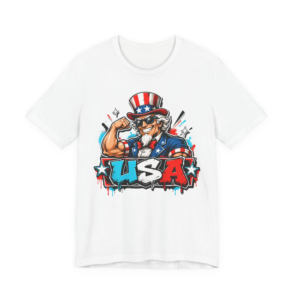 White muscle t-shirt with Uncle Sam USA patriotic graphic