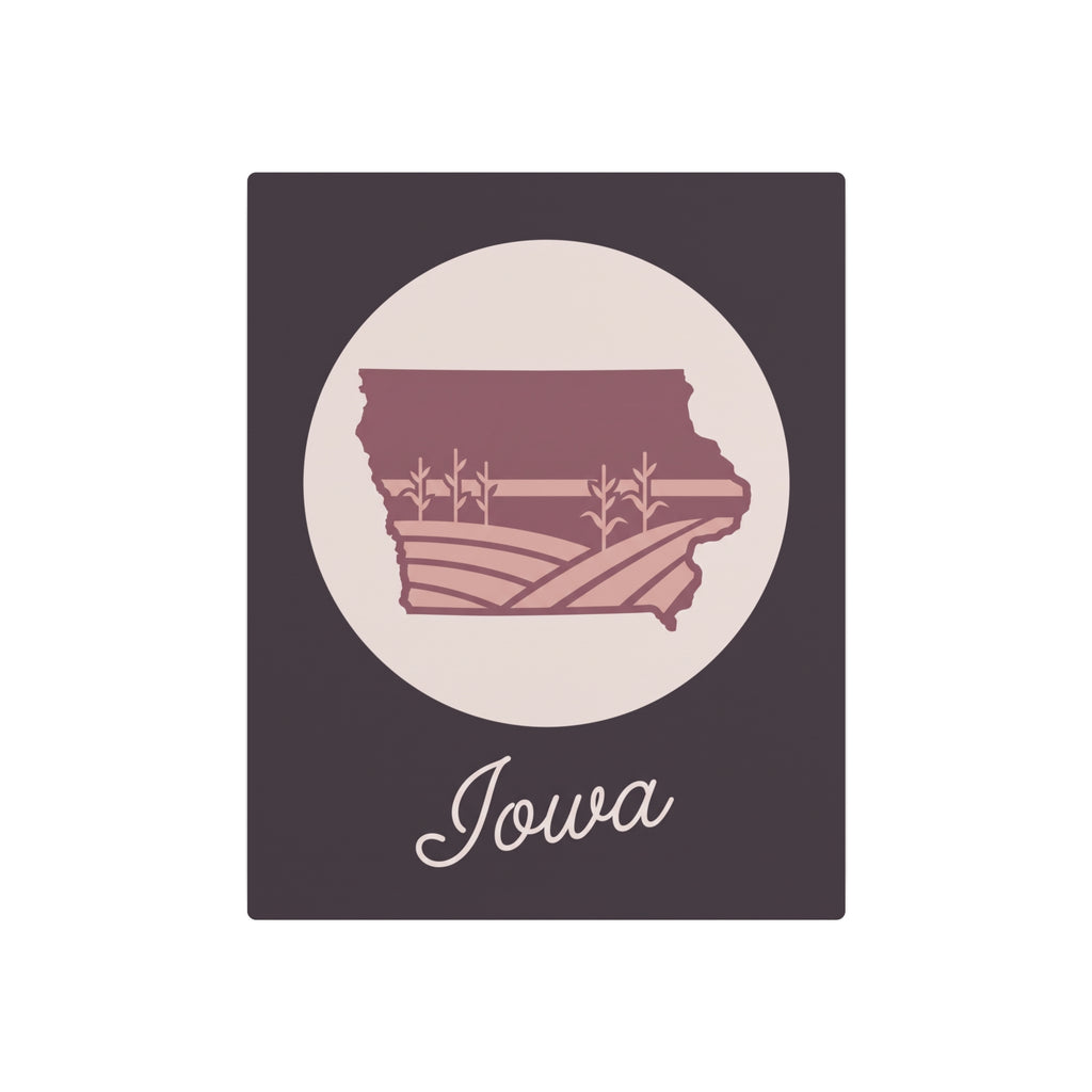 Iowa metal wall sign featuring maroon countryside state outline and "Iowa" script