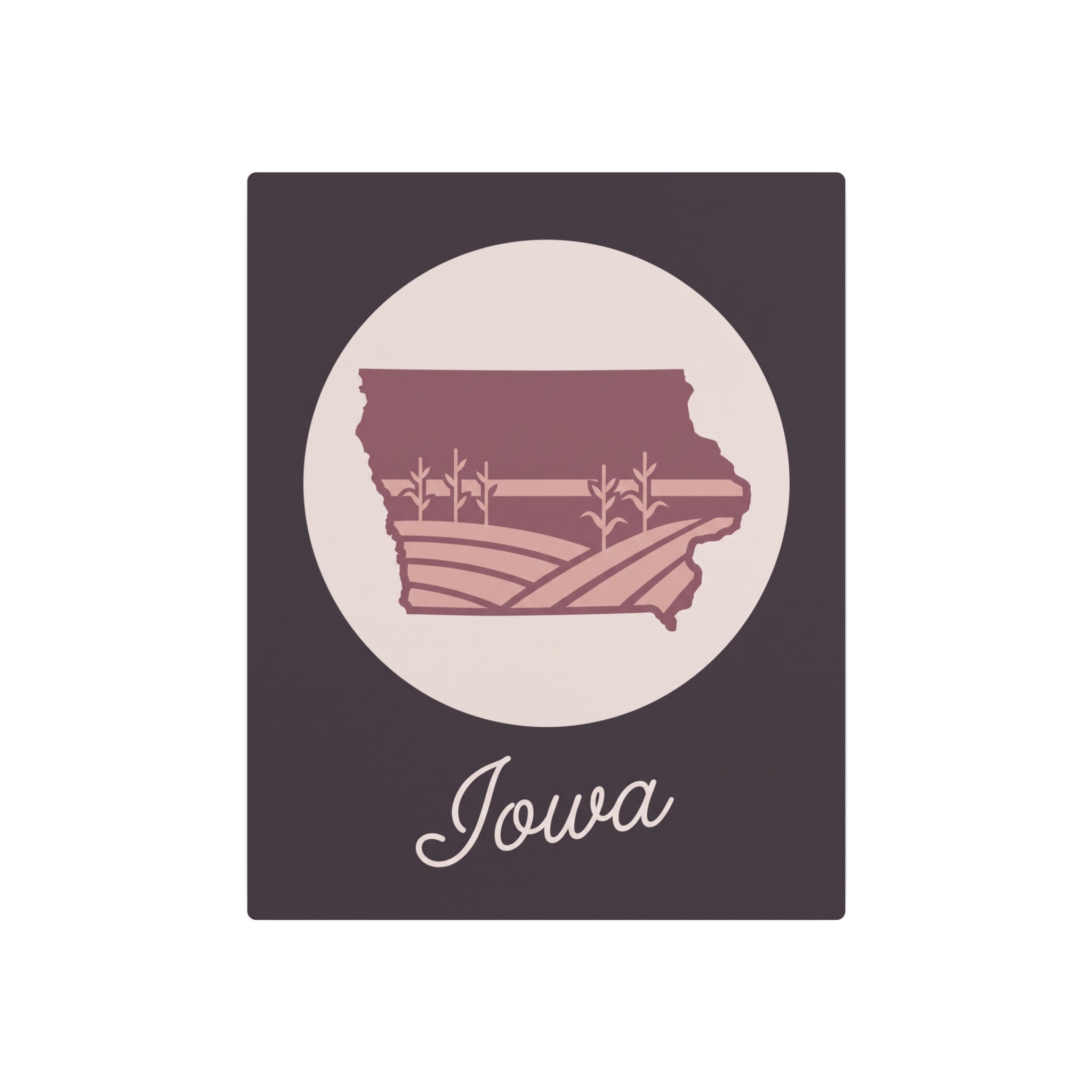 Iowa metal wall sign featuring maroon countryside state outline and "Iowa" script