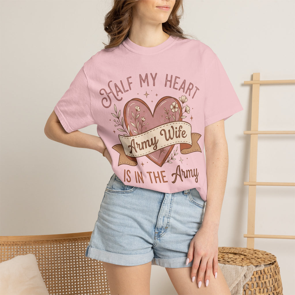 Pink crew-neck T-shirt with heart "Army Wife" and "IS IN THE ARMY" graphic