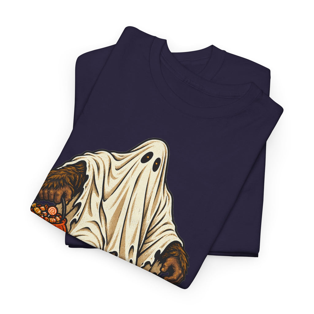 Lavender-purple Halloween T-shirt with retro pumpkin sasquatch graphic, crew neck short sleeves