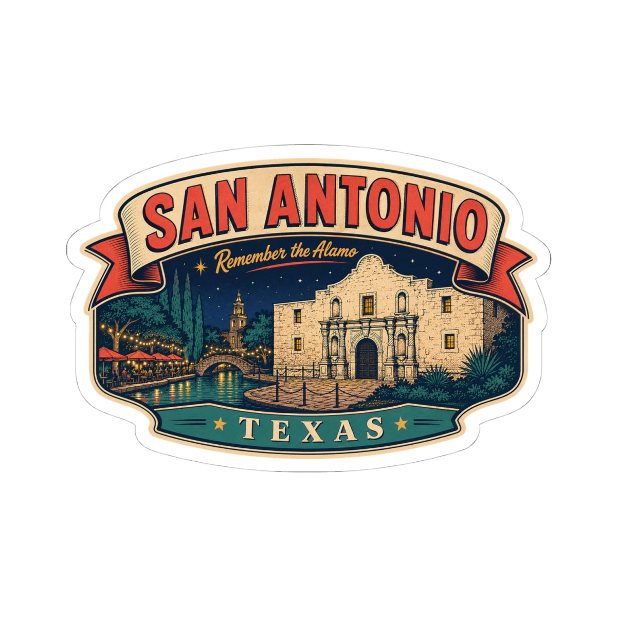 San Antonio luggage tag sticker showing the Alamo illustration with TEXAS ribbon