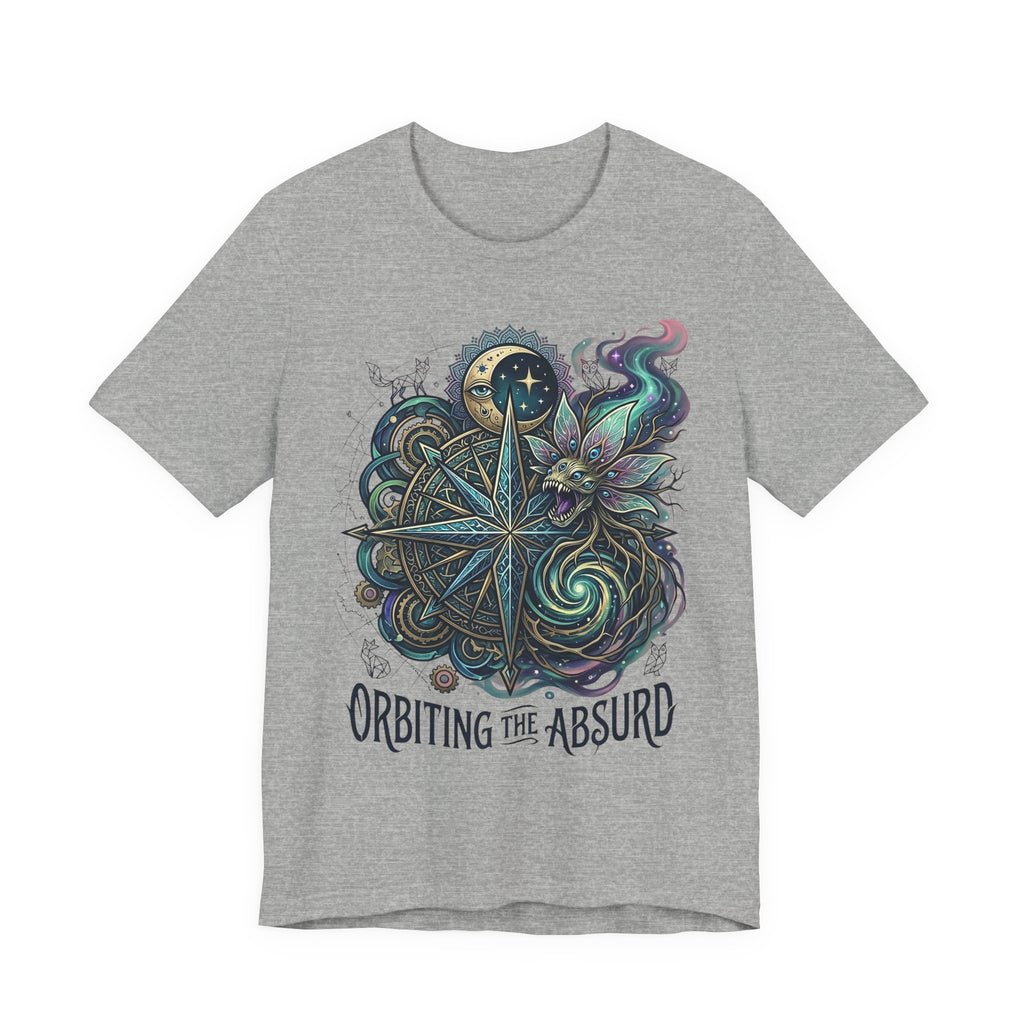 Light gray unisex T-shirt featuring celestial compass and owl graphic, “Orbiting the Absurd”