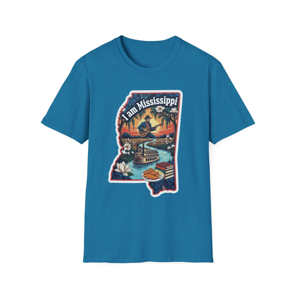Teal T-shirt featuring Mississippi state silhouette graphic with riverboat and magnolia