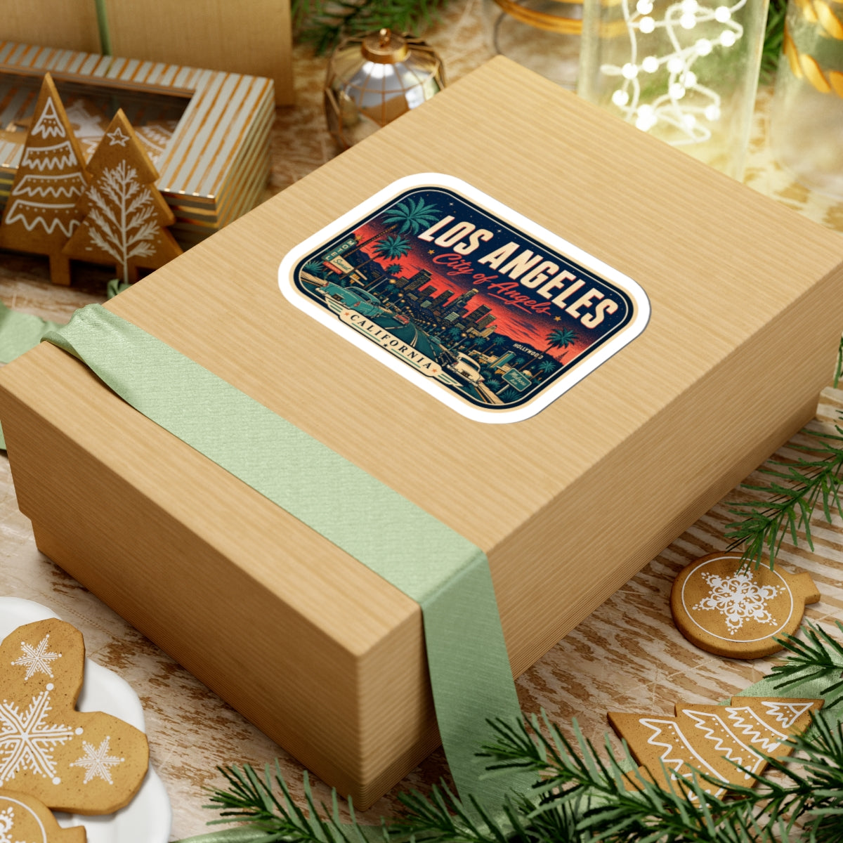 Luggage tag sticker on gift box with Los Angeles skyline, palms, and California text