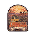 Kiss-cut sticker with rounded border, camper van road scene, and Theodore Roosevelt slogan