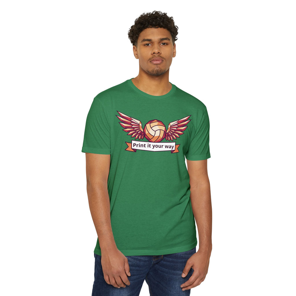 Unisex volleyball T-shirt, green, winged volleyball logo with ribbon on front