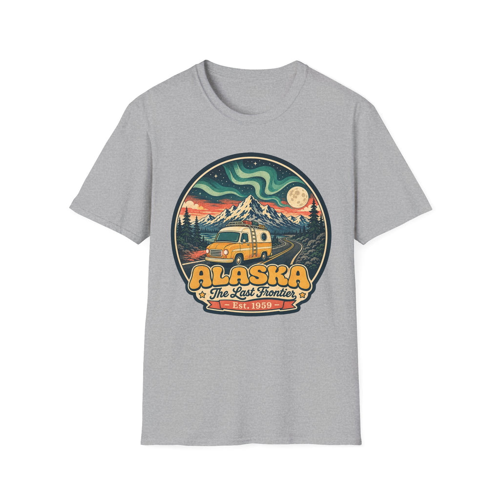 Unisex graphic T-shirt, light gray, round Alaska logo with mountain and cabin vehicle art