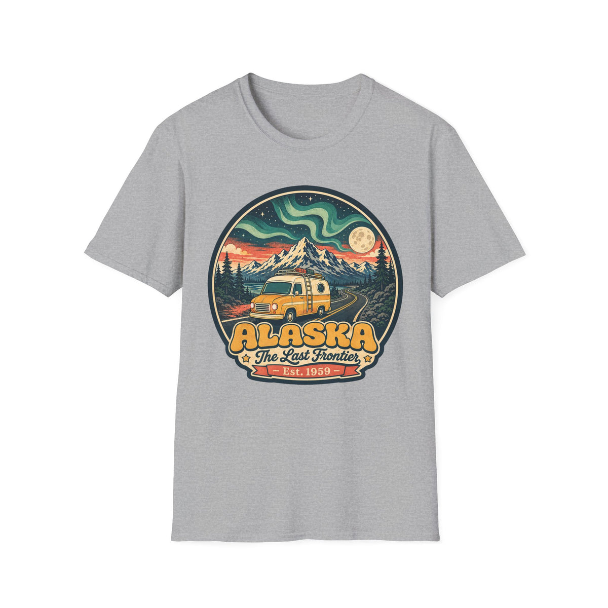 Unisex graphic T-shirt, light gray, round Alaska logo with mountain and cabin vehicle art