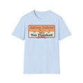 Light blue T-shirt with retro “Asleep Before You Finished” typography print