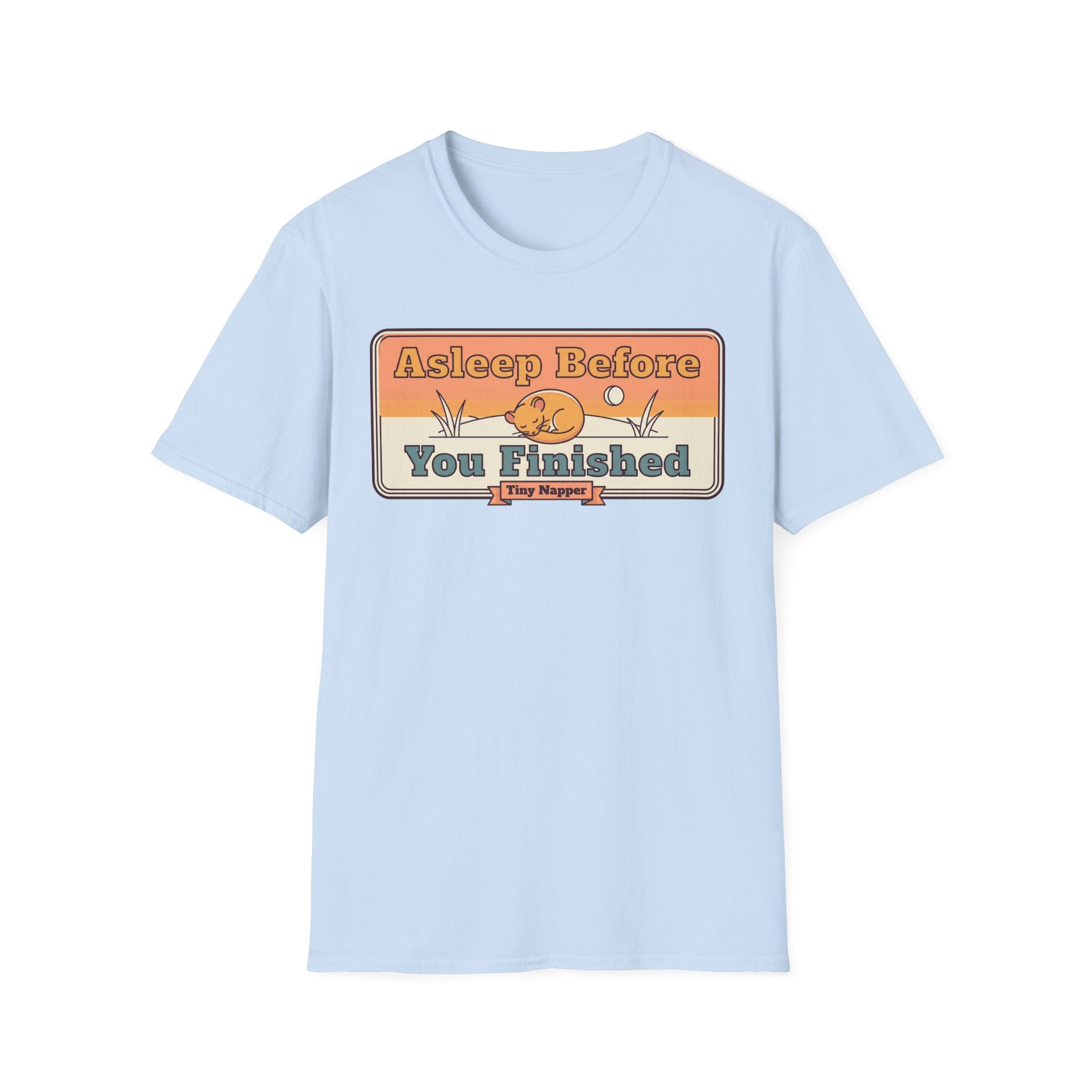 Light blue T-shirt with retro “Asleep Before You Finished” typography print