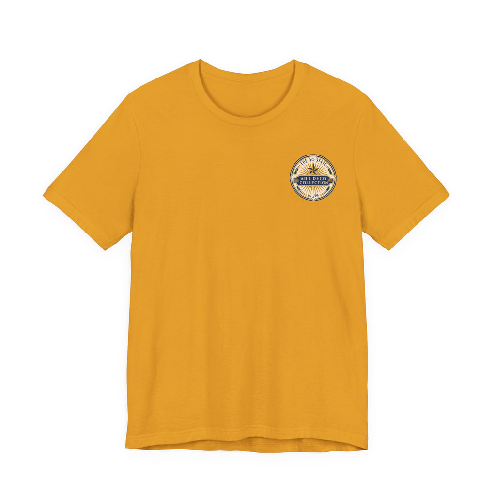 Mustard yellow t-shirt with small circular graphic logo on upper chest