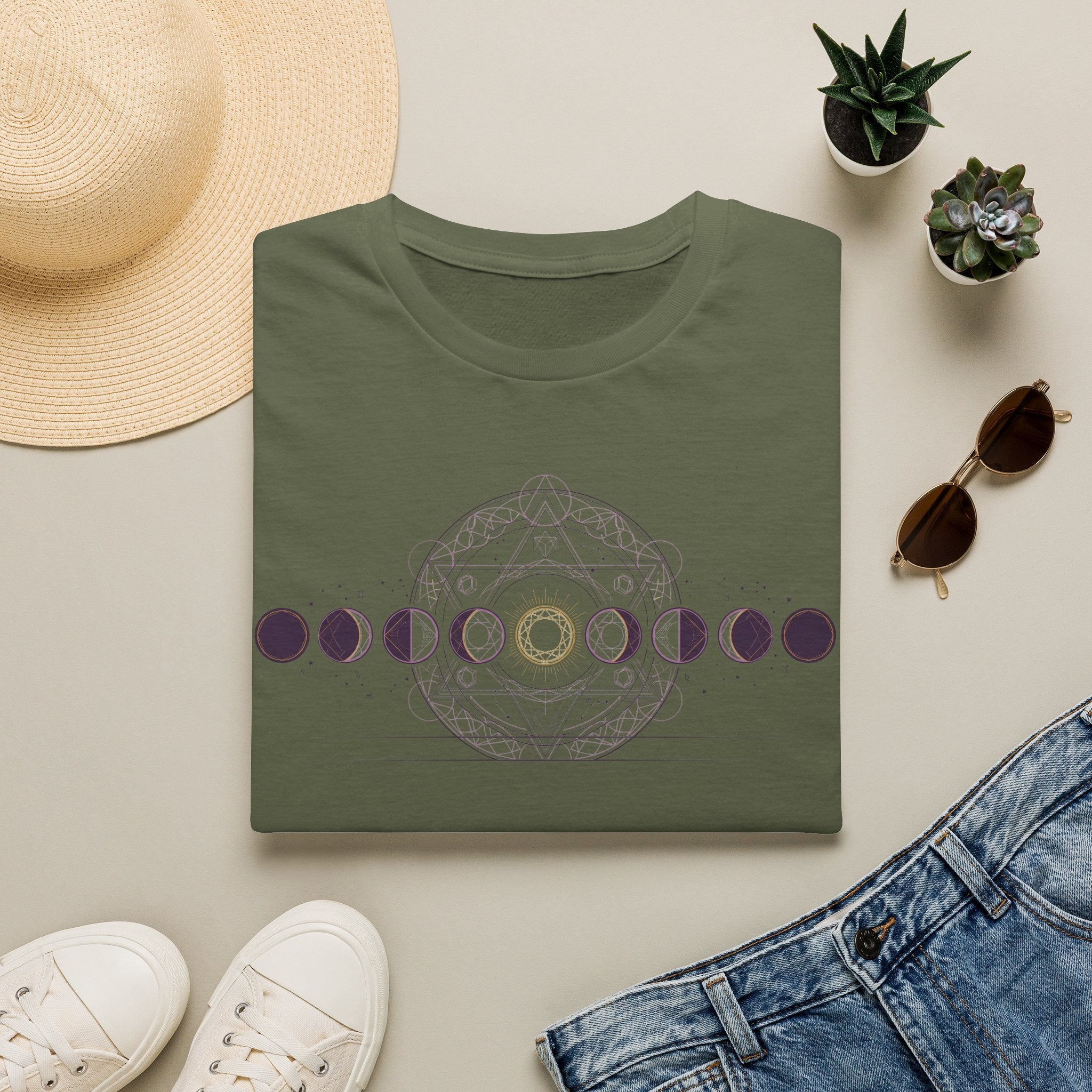 Green crew-neck T-shirt with moon phase circle graphic and central geometric moon