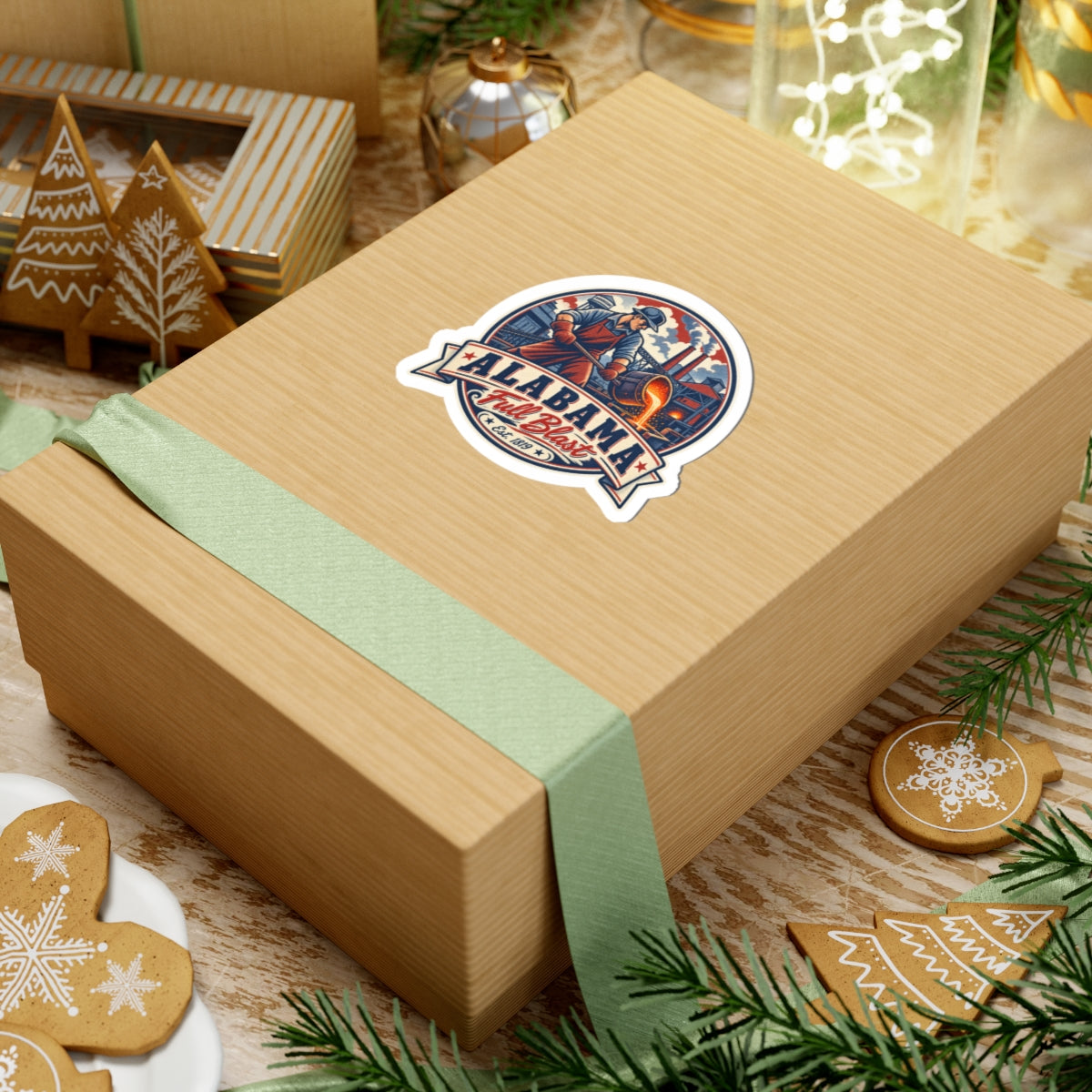 Alabama Full Blast sticker on a gift box with holiday lights and pine branches