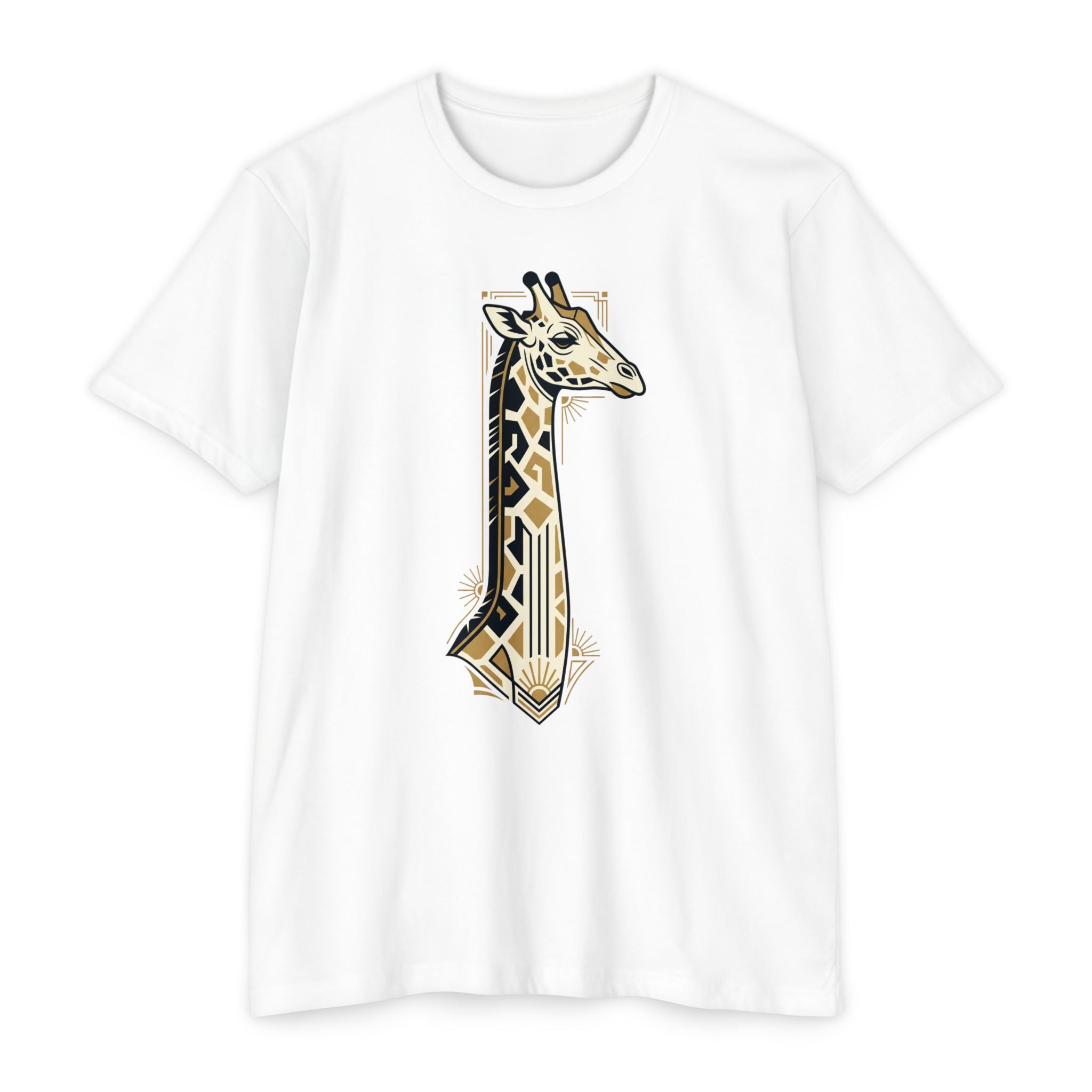 White giraffe graphic T-shirt with Art Deco geometric badge print