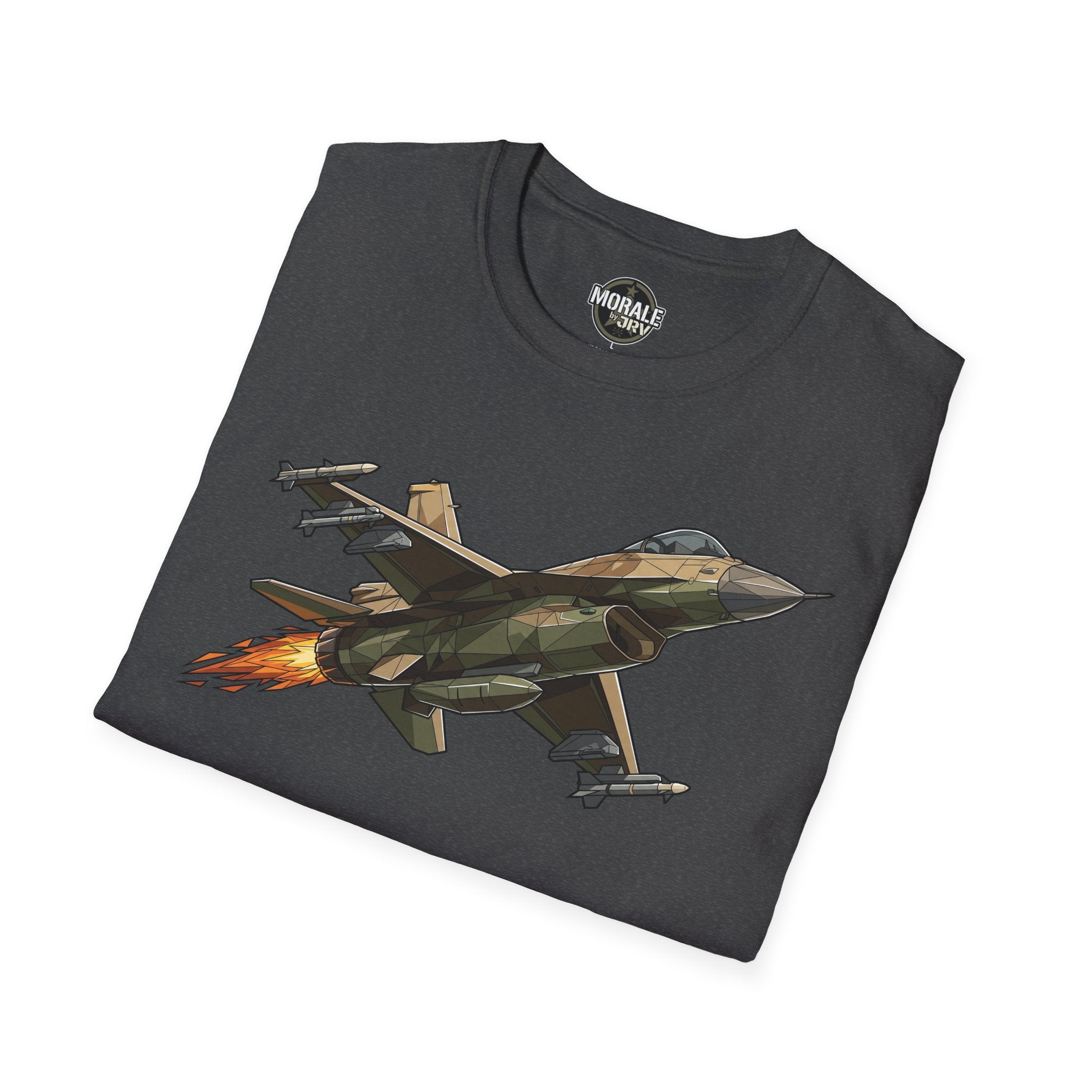 Dark heather T-shirt with fighter jet graphic and “Morale by Jri” logo