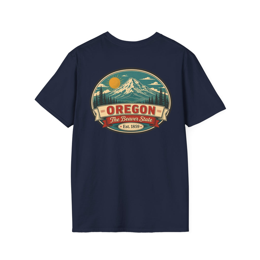 Oregon mountain graphic T-shirt, navy crew neck with circular Beaver State logo