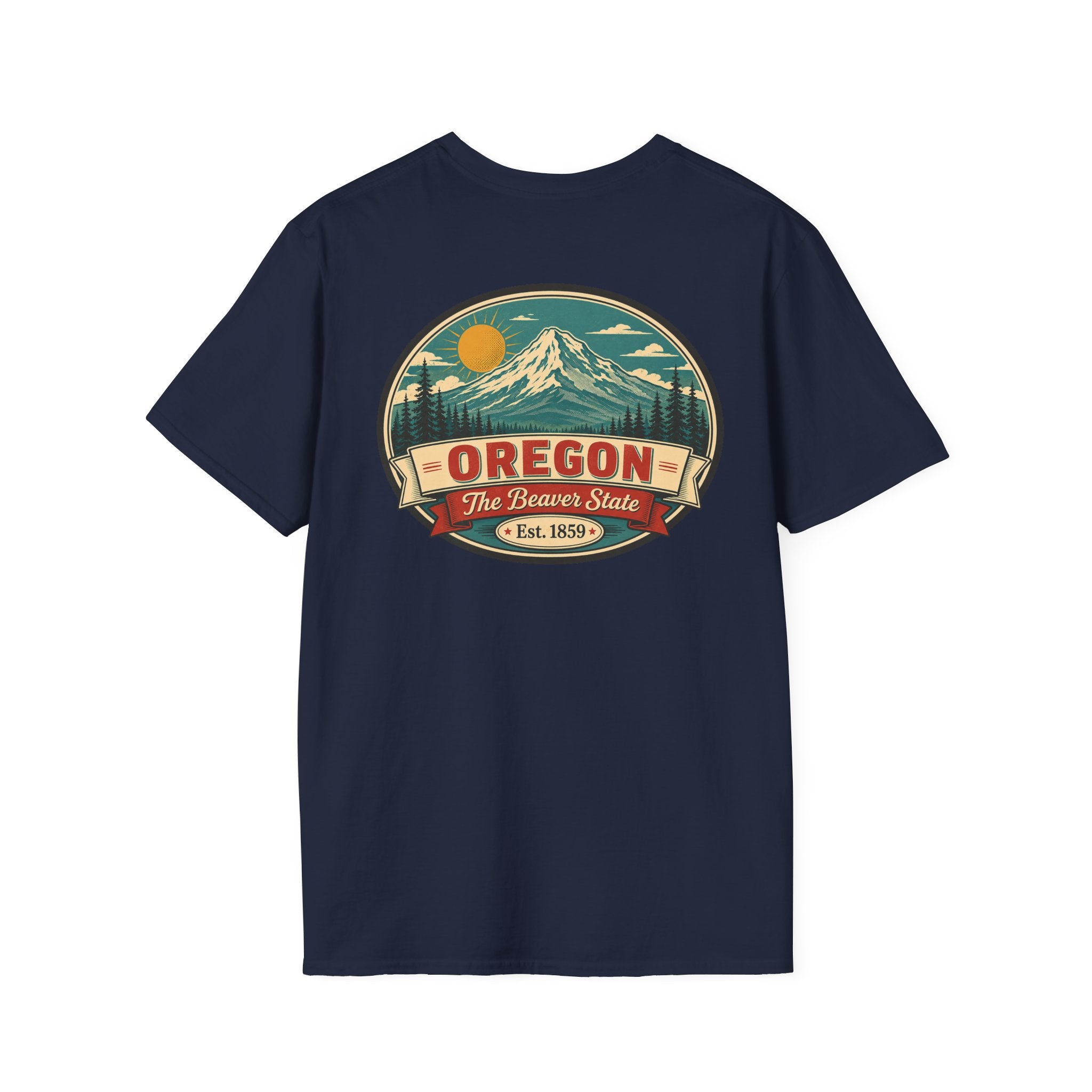 Oregon mountain graphic T-shirt, navy crew neck with circular Beaver State logo