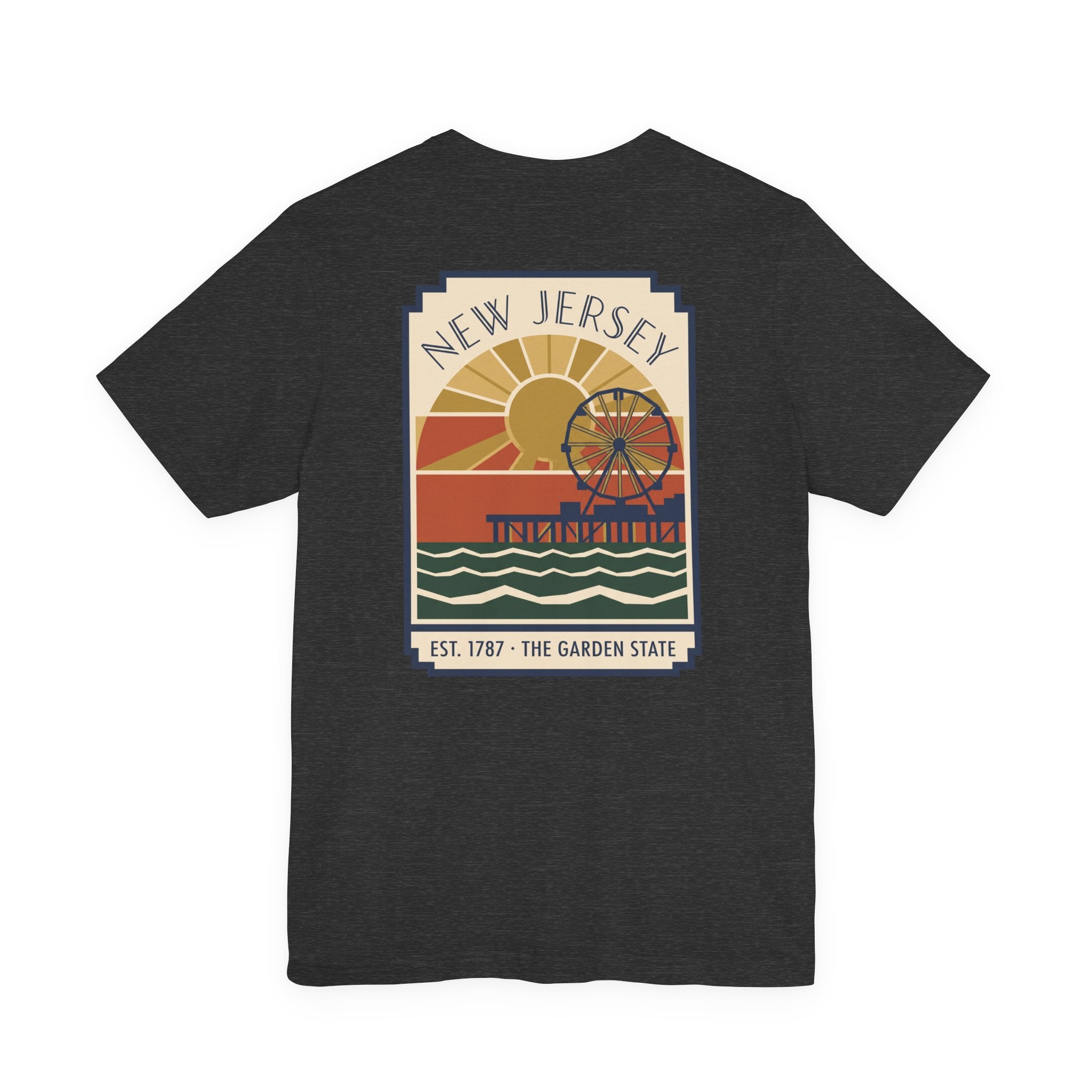 Dark gray T-shirt with centered New Jersey Pier vintage poster graphic