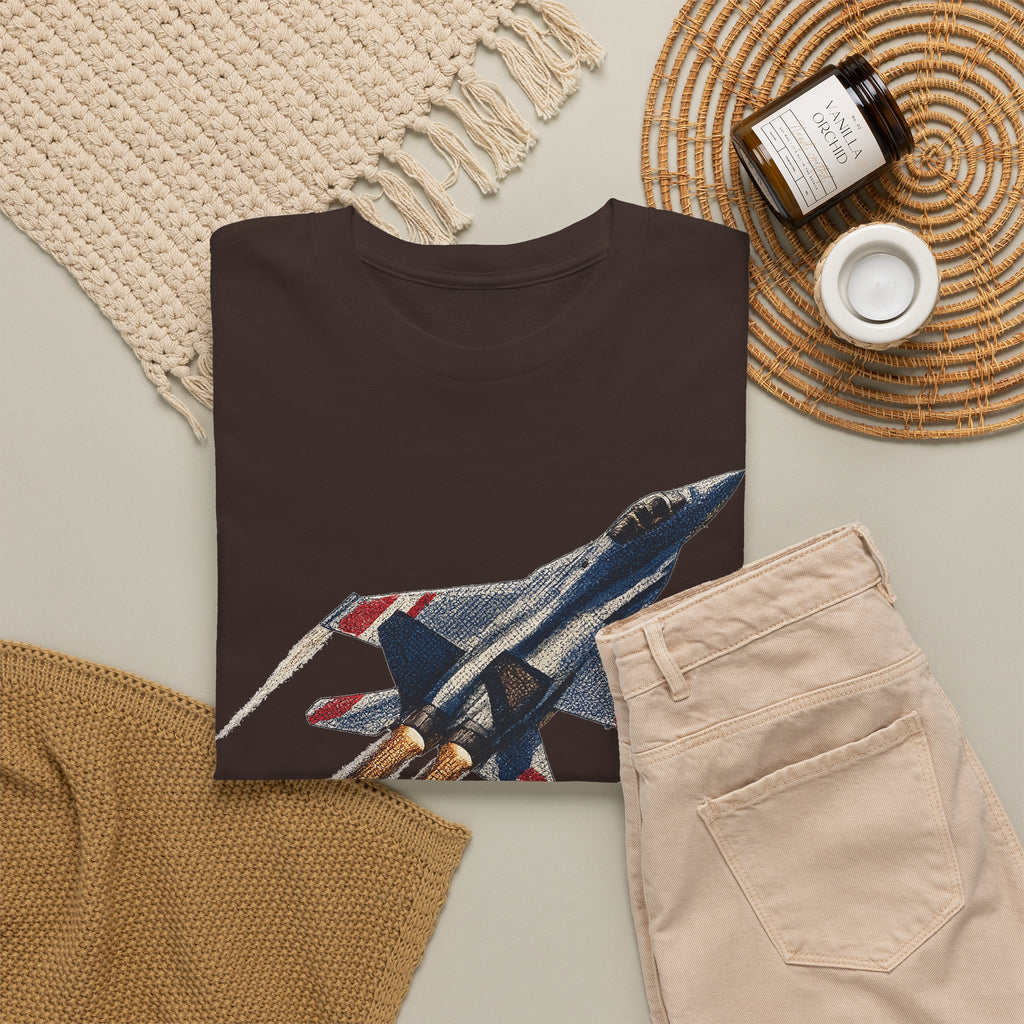 Dark brown crew-neck t-shirt with fighter jet graphic, folded flat