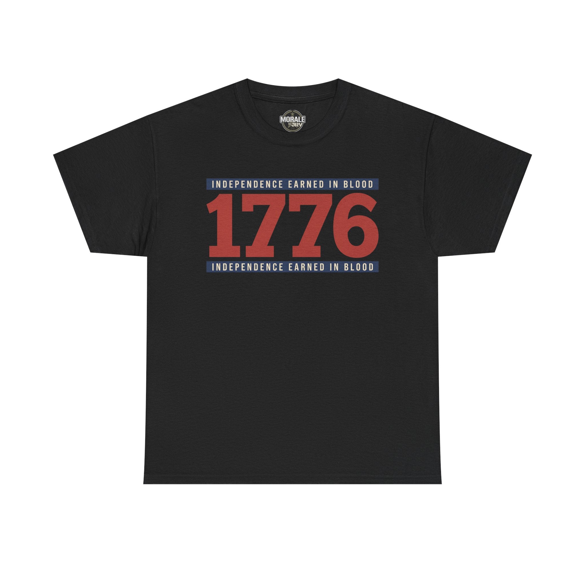 Black graphic t-shirt with “1776” Independence earned in blood print
