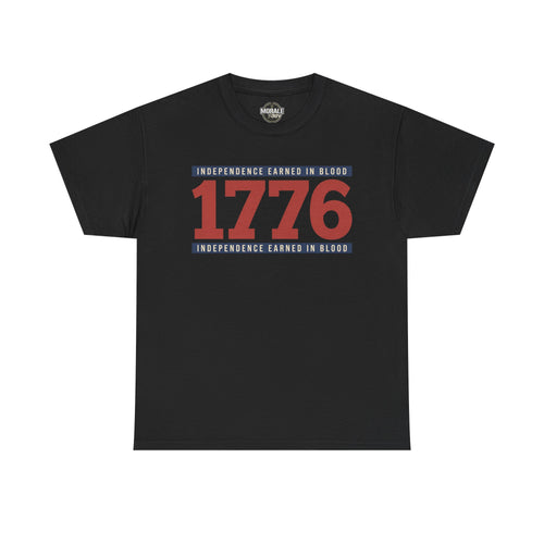 Black graphic t-shirt with “1776” Independence earned in blood print