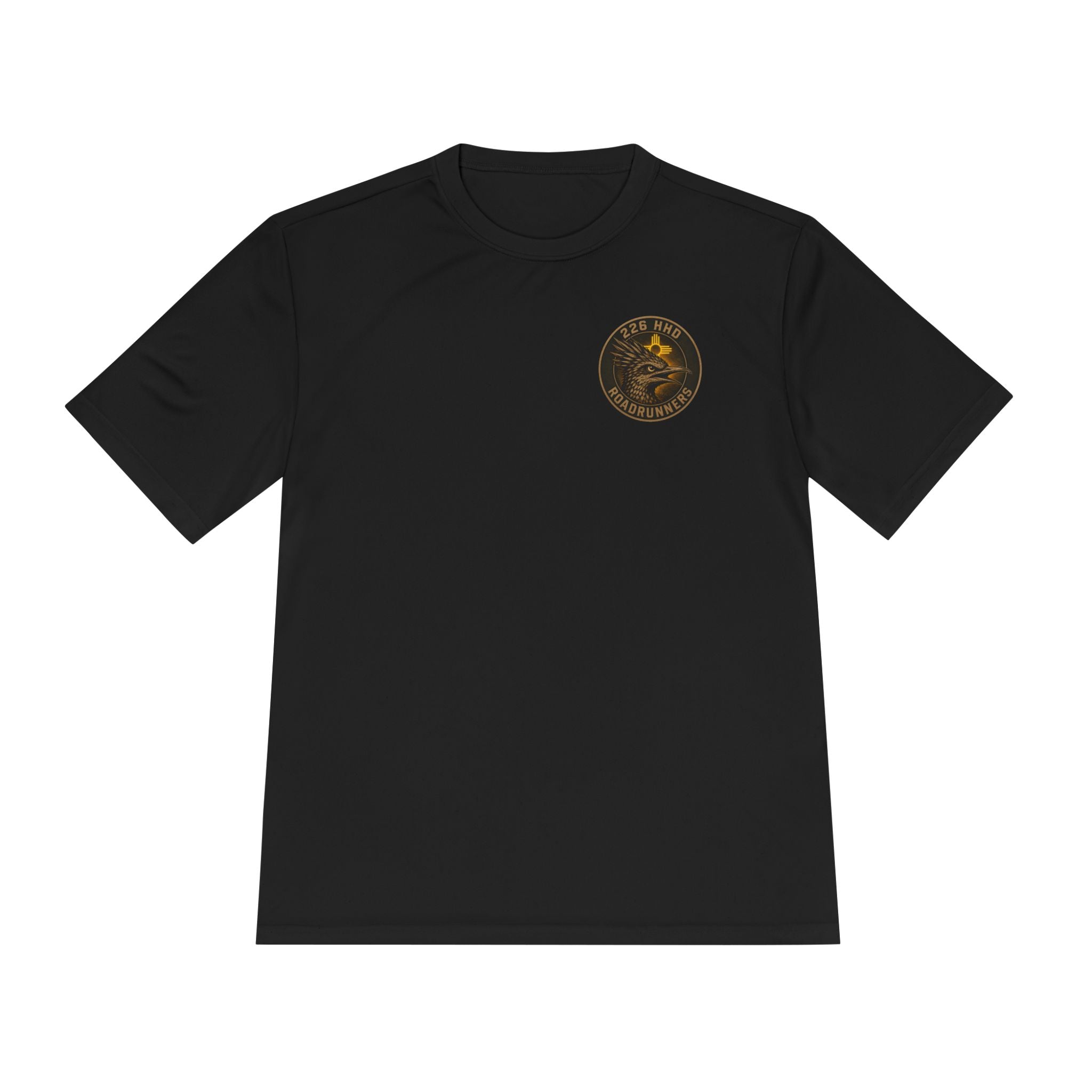 Black polyester T-shirt with round chest emblem