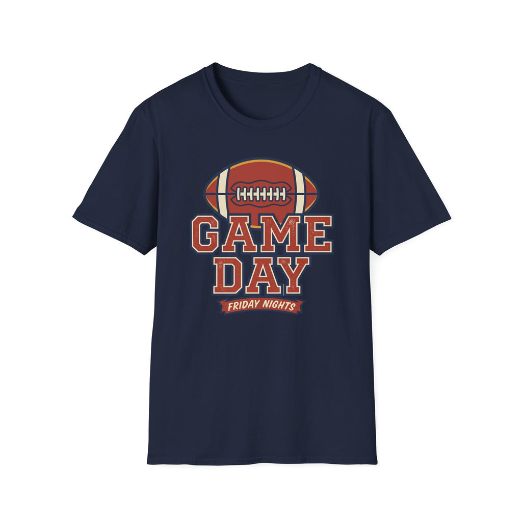 Navy Game Day football T-shirt with football “GAME DAY” and “FRIDAY NIGHTS” text