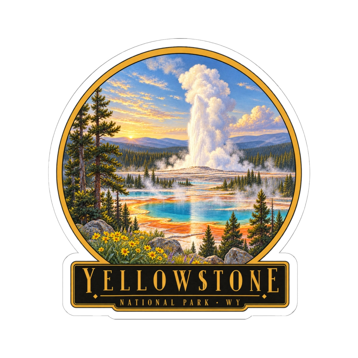 Yellowstone geyser landscape vinyl sticker, oval border with geyser, pines, river