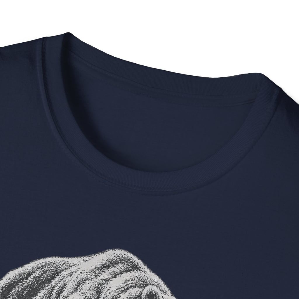 Navy crewneck T-shirt neckline with partial grayscale bear graphic