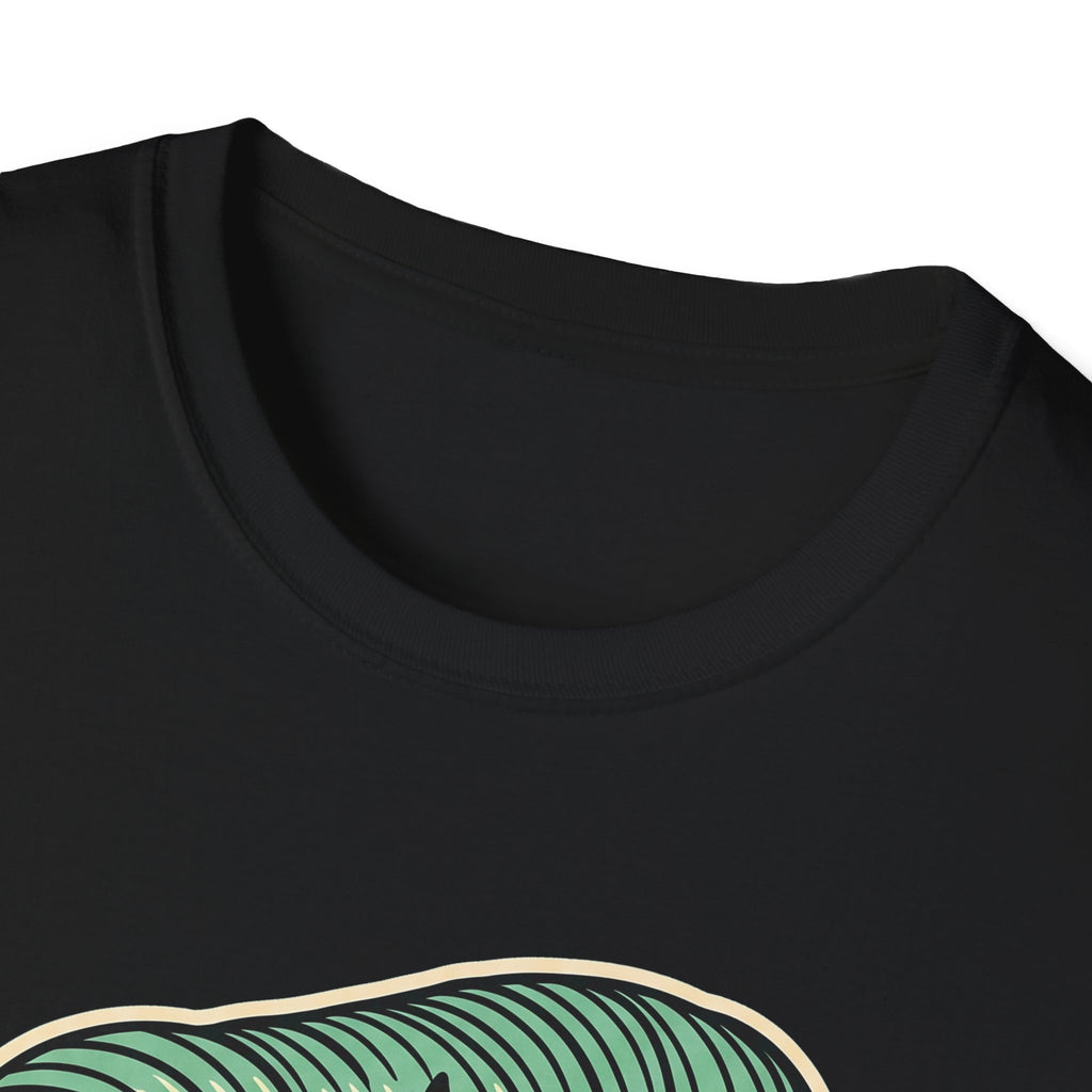 Black crew-neck T-shirt close-up; top of green striped hair skull graphic visible