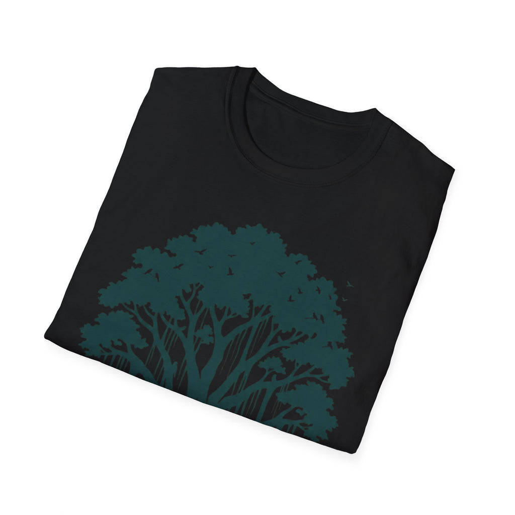 Black crew-neck tee with large teal tree-and-birds graphic across chest