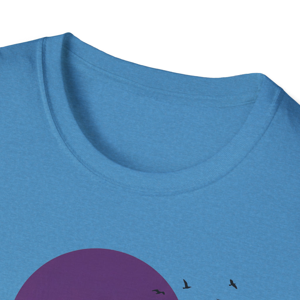 Blue T-shirt neckline with purple moon and bird silhouettes