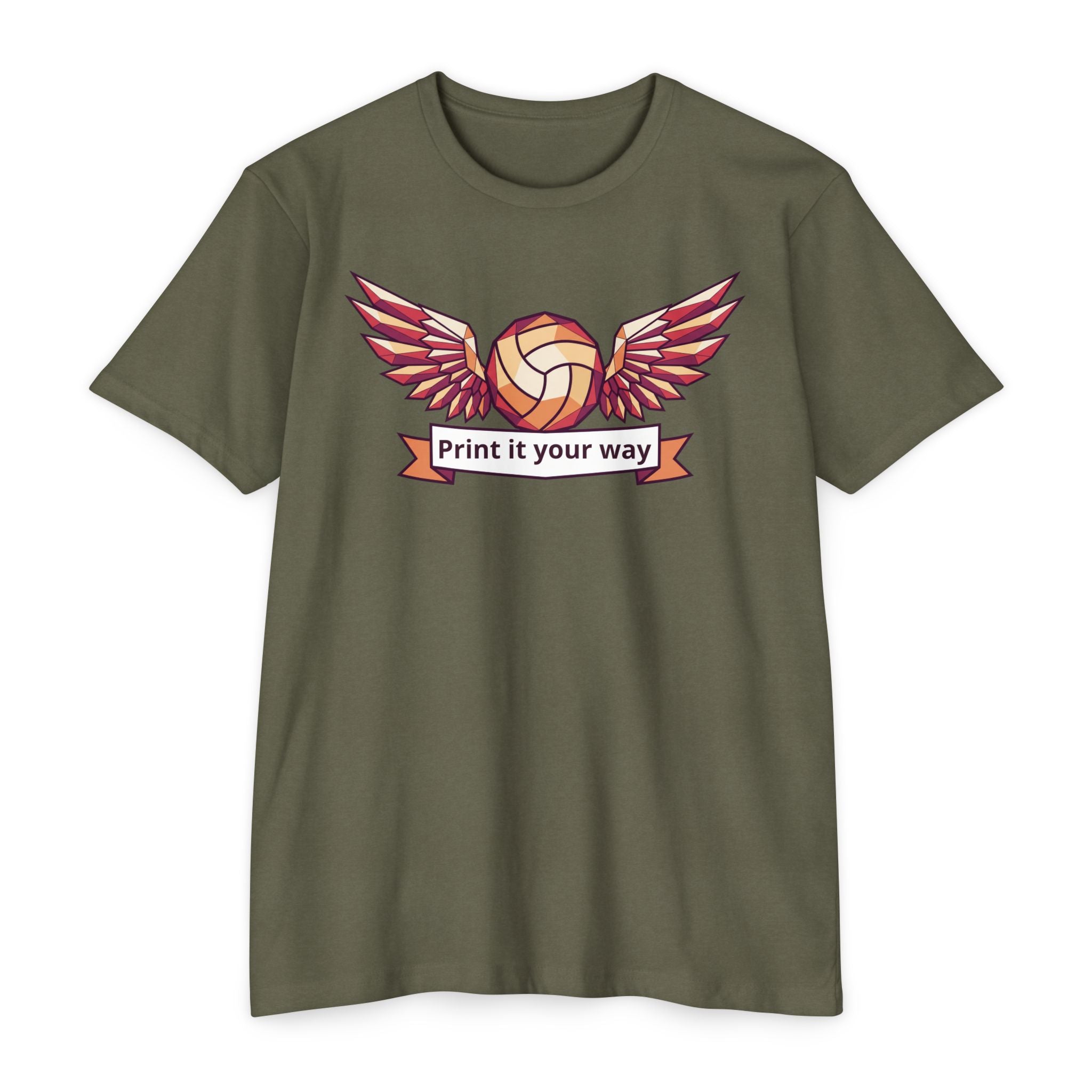 Unisex volleyball T-shirt in olive green with winged volleyball graphic on chest.