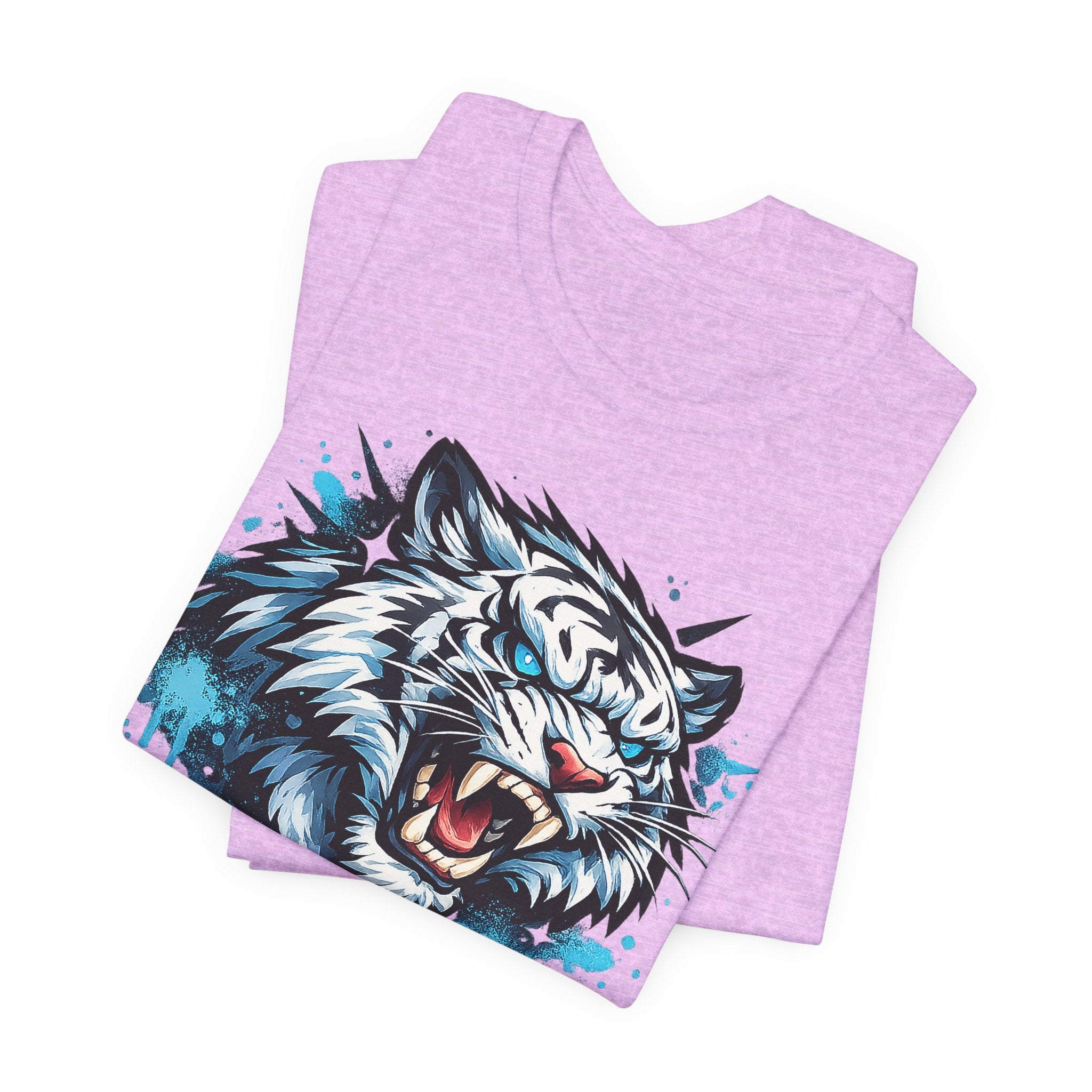 Light purple unisex T-shirt with roaring tiger head graphic and blue splash accents