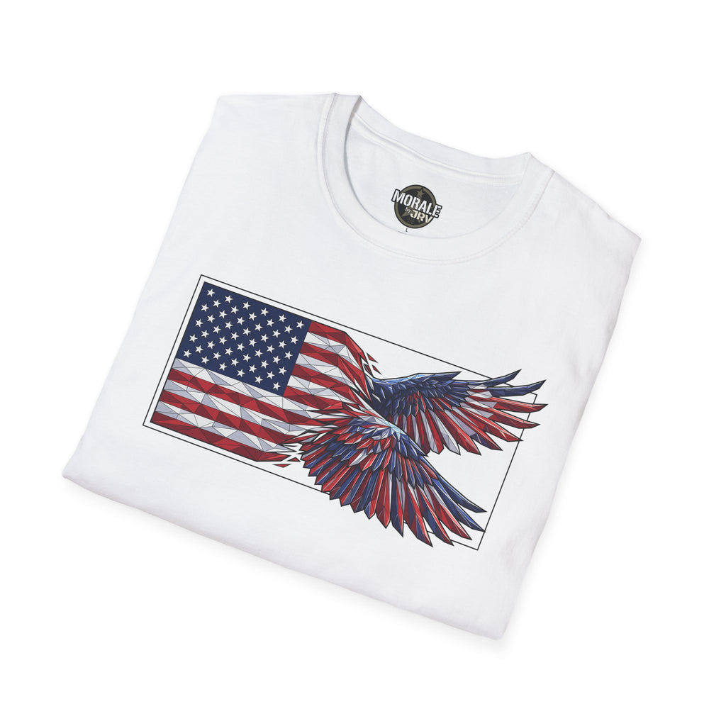 White T-shirt with bald eagle and American flag graphic on the chest