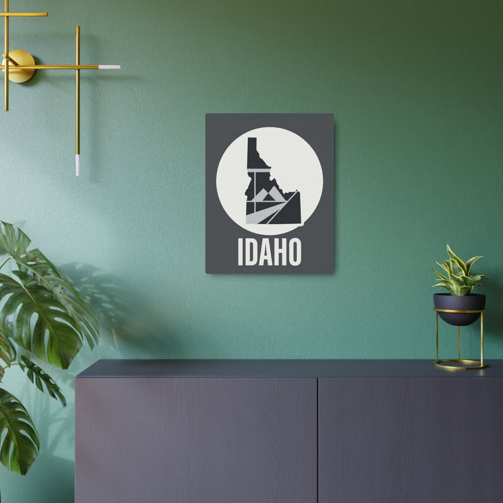 Idaho metal wall art sign with state outline and mountains inside circle emblem