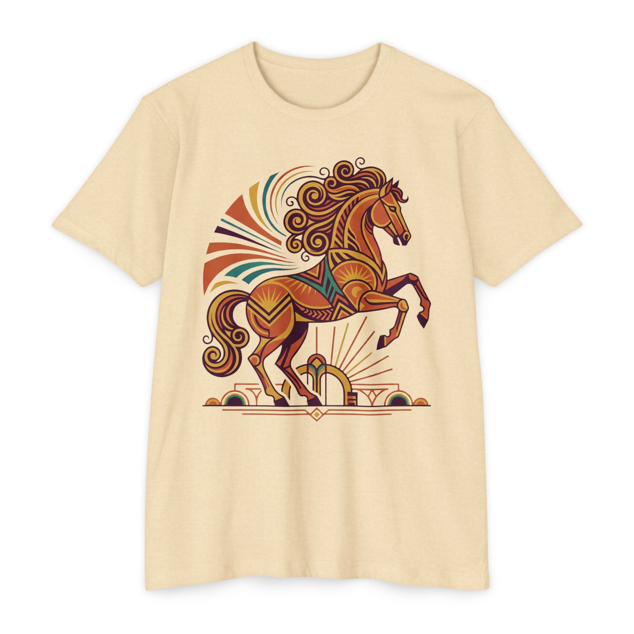 Cream horse graphic T-shirt with colorful prancing horse illustration