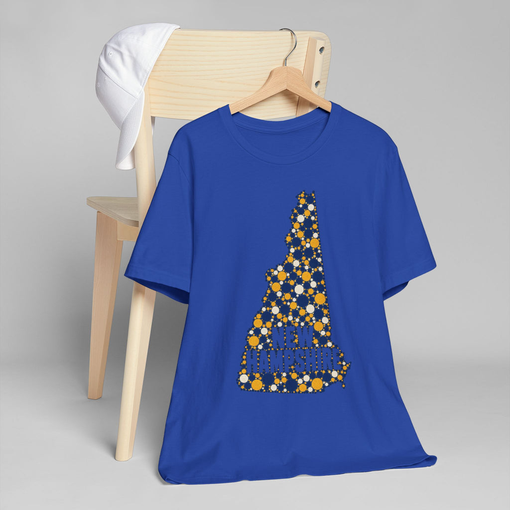 Royal blue crew-neck t-shirt with floral New Hampshire triangle map graphic